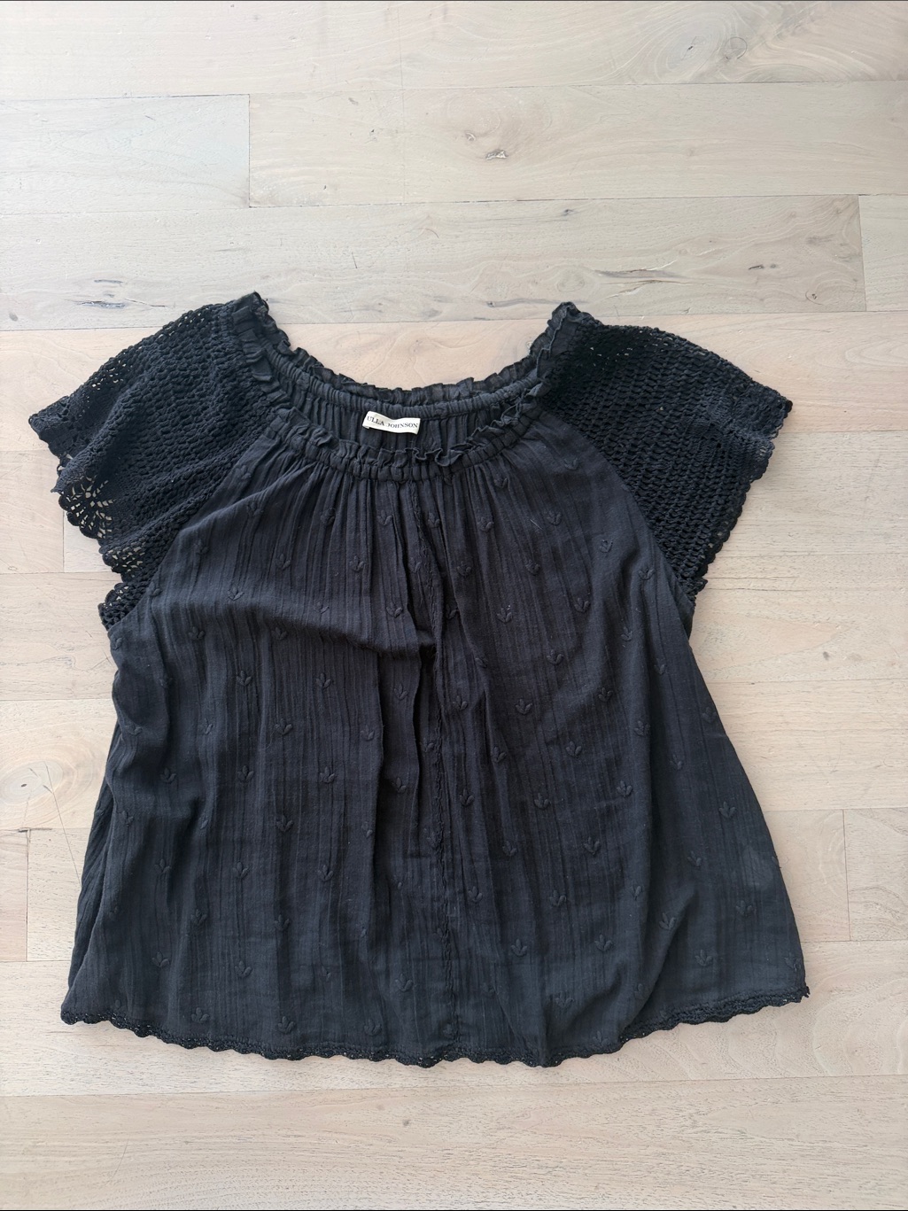Ulla Johnson Black Crochet-Sleeve Peasant Top